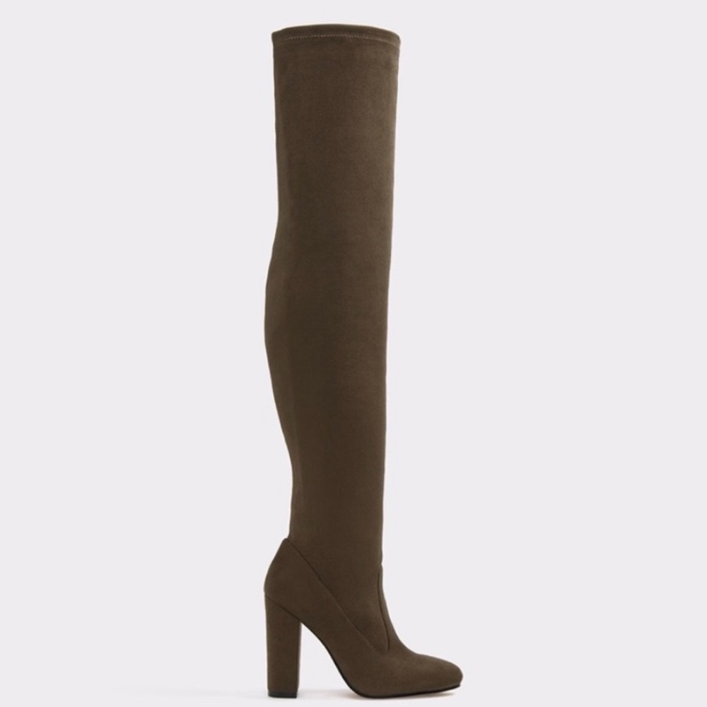 ALDO Sumers Suede Olive Green Over the Knee Closed Almond Toe Block Heel…